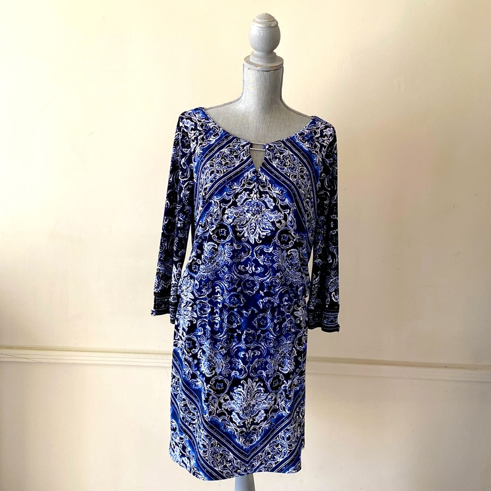 WHITE HOUSE BLACK MARKET 🖤💙BLACK💙🖤 PAISLEY PRINT DRESS SIZE LARGE 🌟EUC🌟